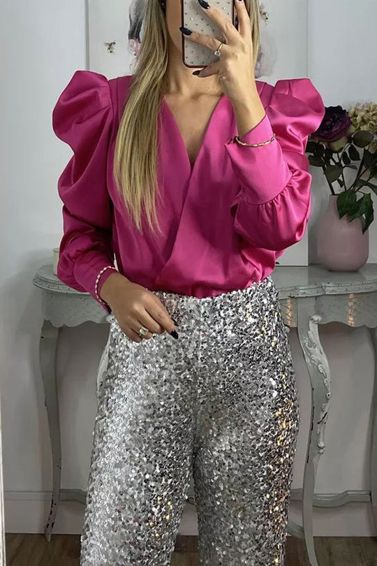 Perfectly Adored – Satinbluse mit überkreuztem Ausschnitt und Puffärmeln