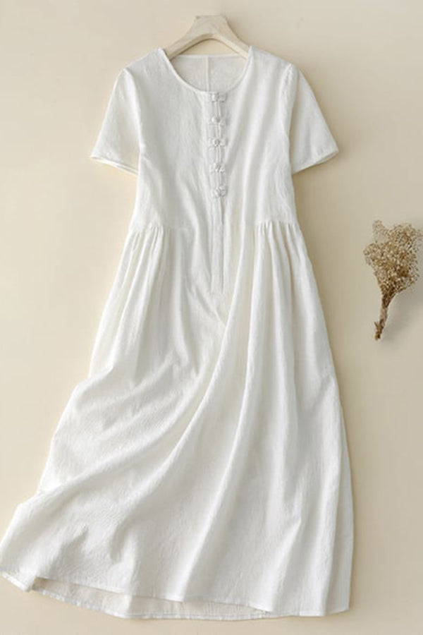 Robe ample en coton et lin à boutons rétro style jacquard ethnique