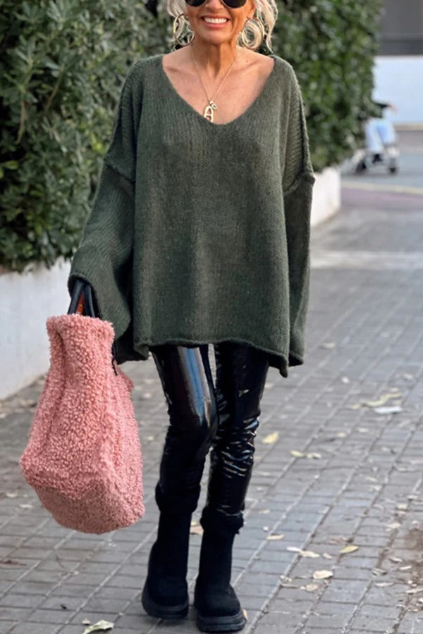 Pull tricoté à manches longues et col en V patchwork tendance