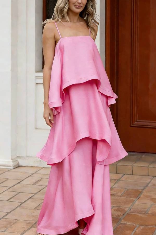 Soft and Smooth Satin Tiered Slip Square Neck A-line Maxi Dress