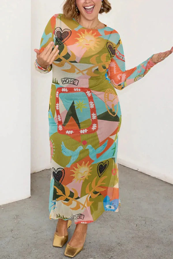 Sundazed Sommer Mesh Bunte Einzigartige Druck Langarm Stretch Maxi Kleid