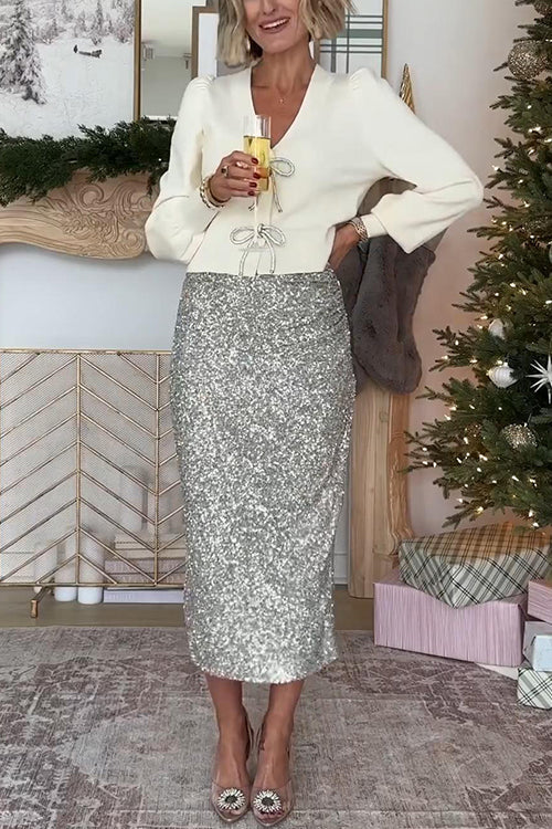 Süßer Pullover mit V-Ausschnitt, Schleife und Knoten vorne