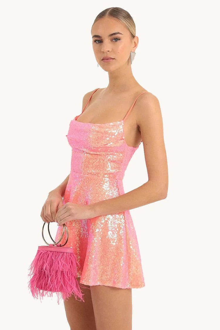 Robe courte trapèze à paillettes et lacets, dos nu, pour fête d'anniversaire - Doré