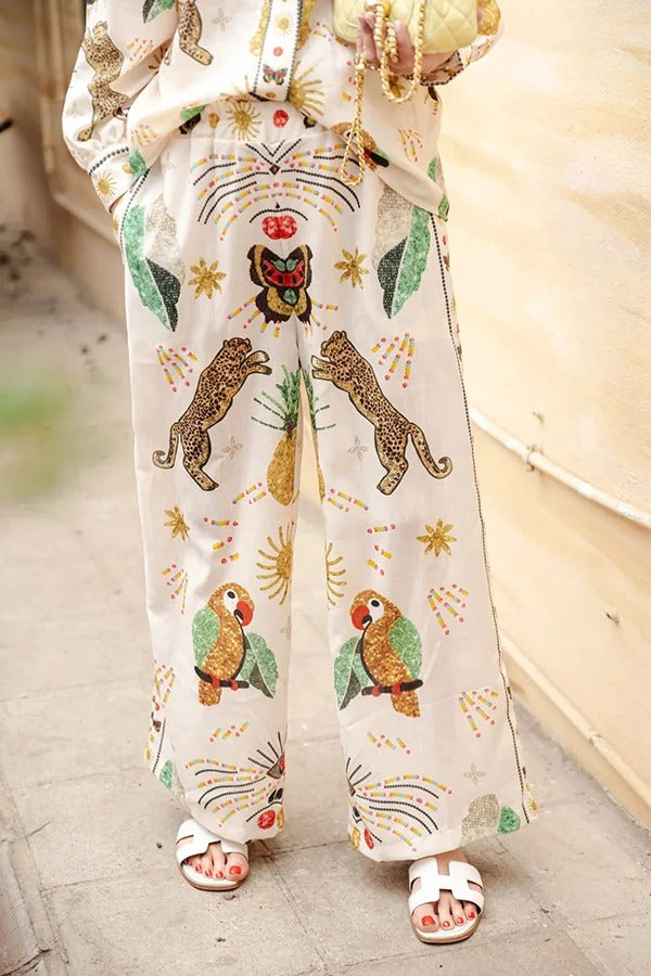 Wild Side – Hose aus Leinenmischung mit einzigartigem Geparden-Print und elastischer Taille und Taschen mit weitem Bein