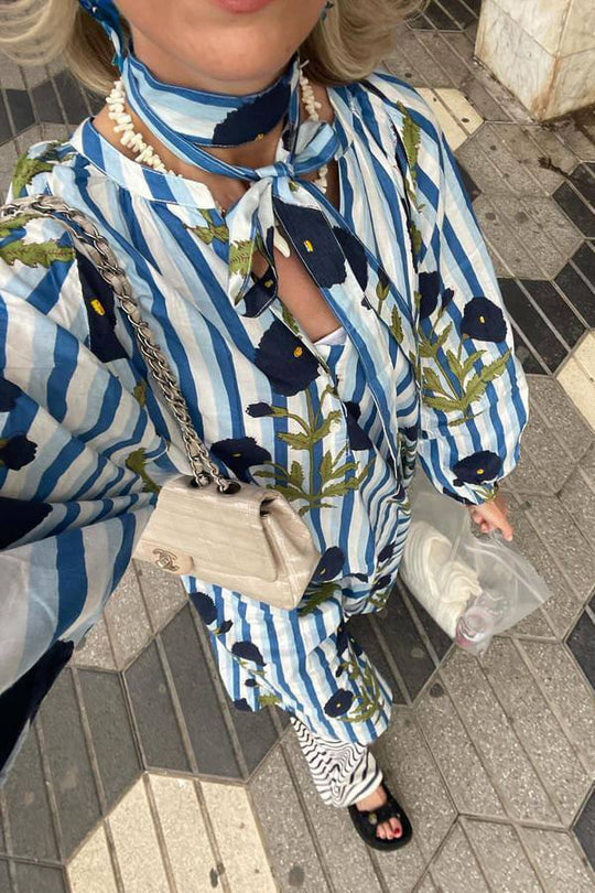 Kaftan-Midikleid aus Leinenmischung mit Blumen- und Streifenmuster, Knopfleiste, Gürtel und Taschen