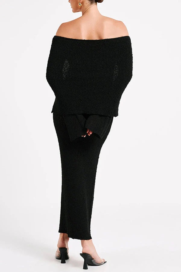 Marisol – Schulterfreies, drapiertes Maxikleid aus geripptem Bouclé-Material mit Stretchanteil für den Urlaub