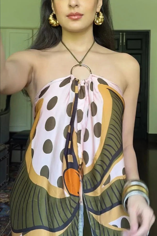Junea Satin Polka Dot Unique Print Ring Halter Slit Midi Top and Elastic Waist Pocket Pants Set
