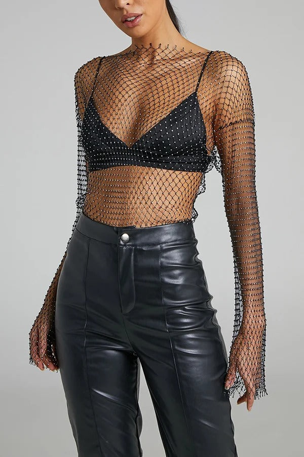 Beste Lagen-Artikel: Langärmliges Oberteil mit Diamant-Netzstoff