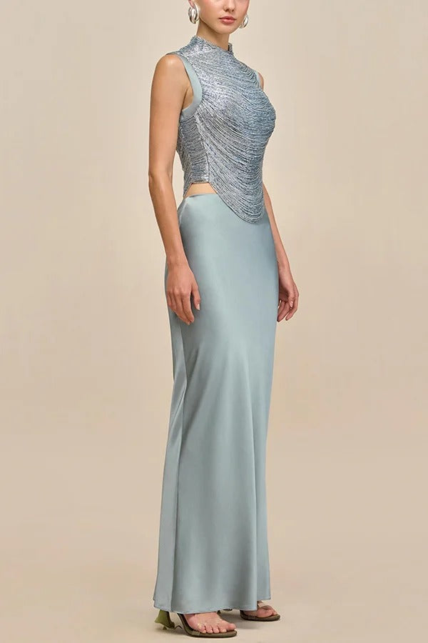 Keep Polished Satin High Rise Bias Cut Drape Maxi Skirt