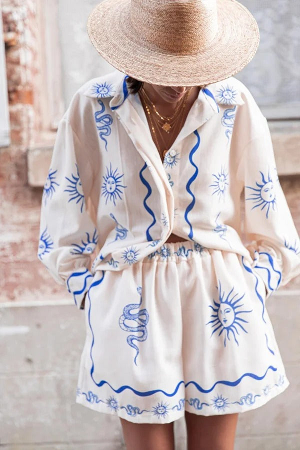 Symbol of Sicily – Lockeres Hemd aus Leinenmischung mit einzigartigem Druck und Ballonärmeln und Knöpfen