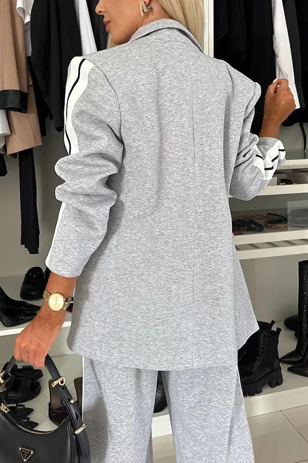 Ensemble blazer à revers patchwork sportif et pantalon ample à taille élastique