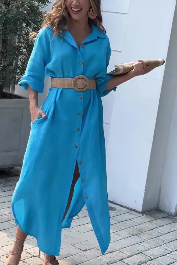 Einfarbiges Maxikleid aus Leinenmischung mit langen Ärmeln und geknöpften, weiten Taschen