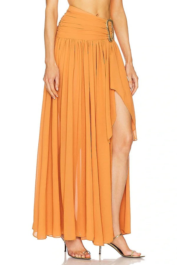 Urlaubs-Chic Chiffon High Rise Fließendes asymmetrisches drapiertes Maxirock-Set