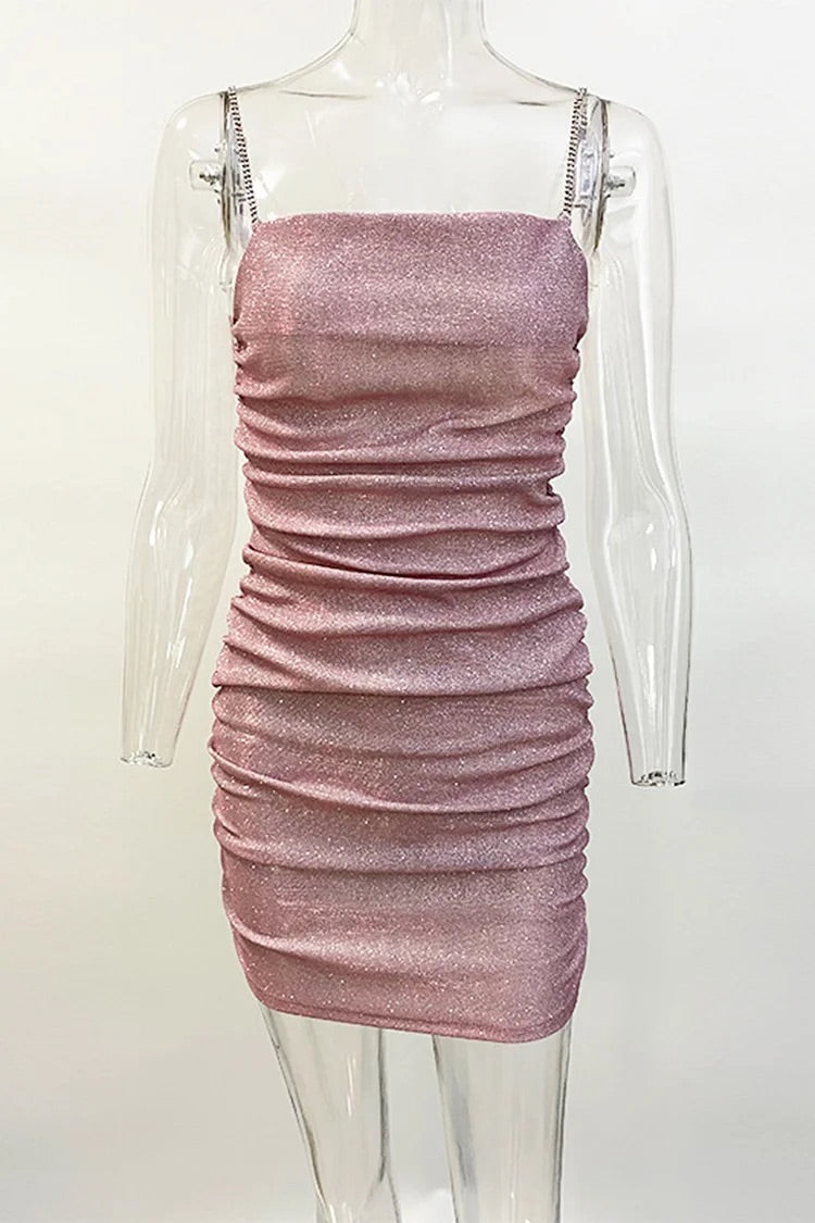 Strass Cami Boot-Ausschnitt Geraffte Pailletten Geburtstagsparty Bodycon Minikleider