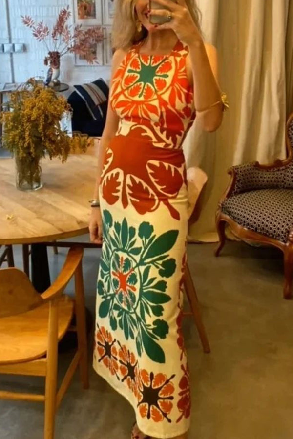 Jolie Unique Printed Square Neck Backless Slim High Waist Maxi Dress
