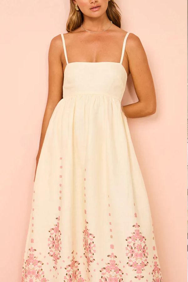 Paradise Flowers – Lockeres Maxikleid aus Leinenmischung mit einzigartigem Druck und Taschenträgern