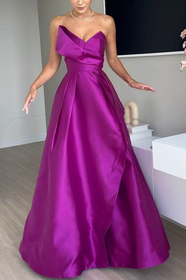 Robe longue de bal en satin style Queen, forme triangulaire, épaules dénudées