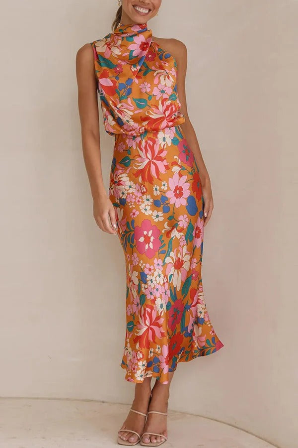 Robe longue fleurie à col licou et taille élastique Fascinating Day