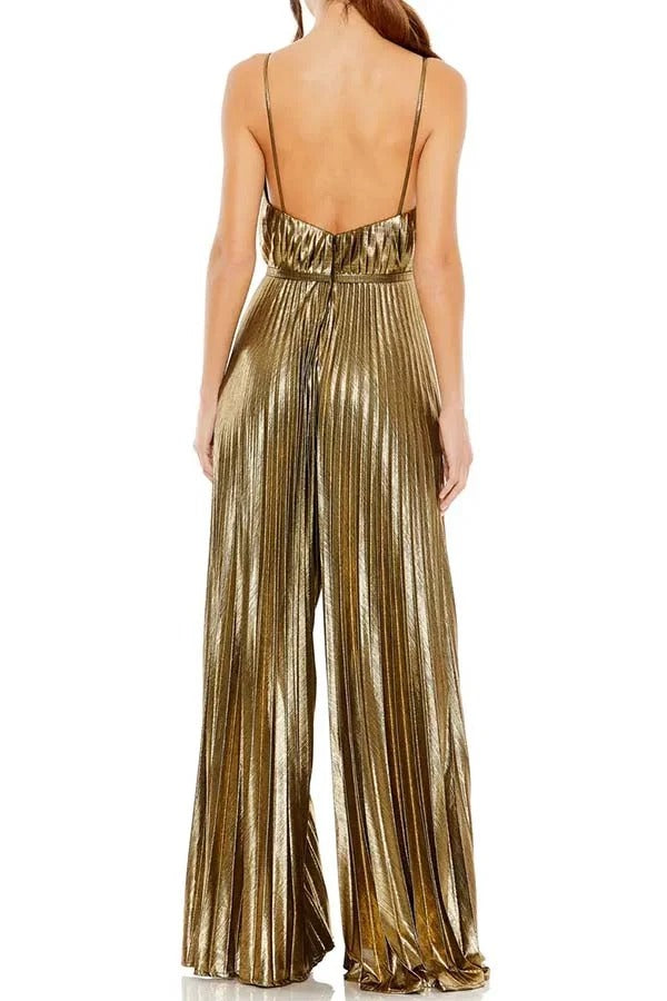 Disco Fashion Jumpsuit mit weitem Bein und Plissee-Tasche aus Metallic-Stoff