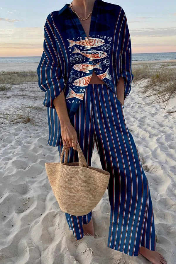 Einzigartiges Set mit Oversize-Hemd mit Ozean-Print und Hose mit elastischer Taille und Taschen