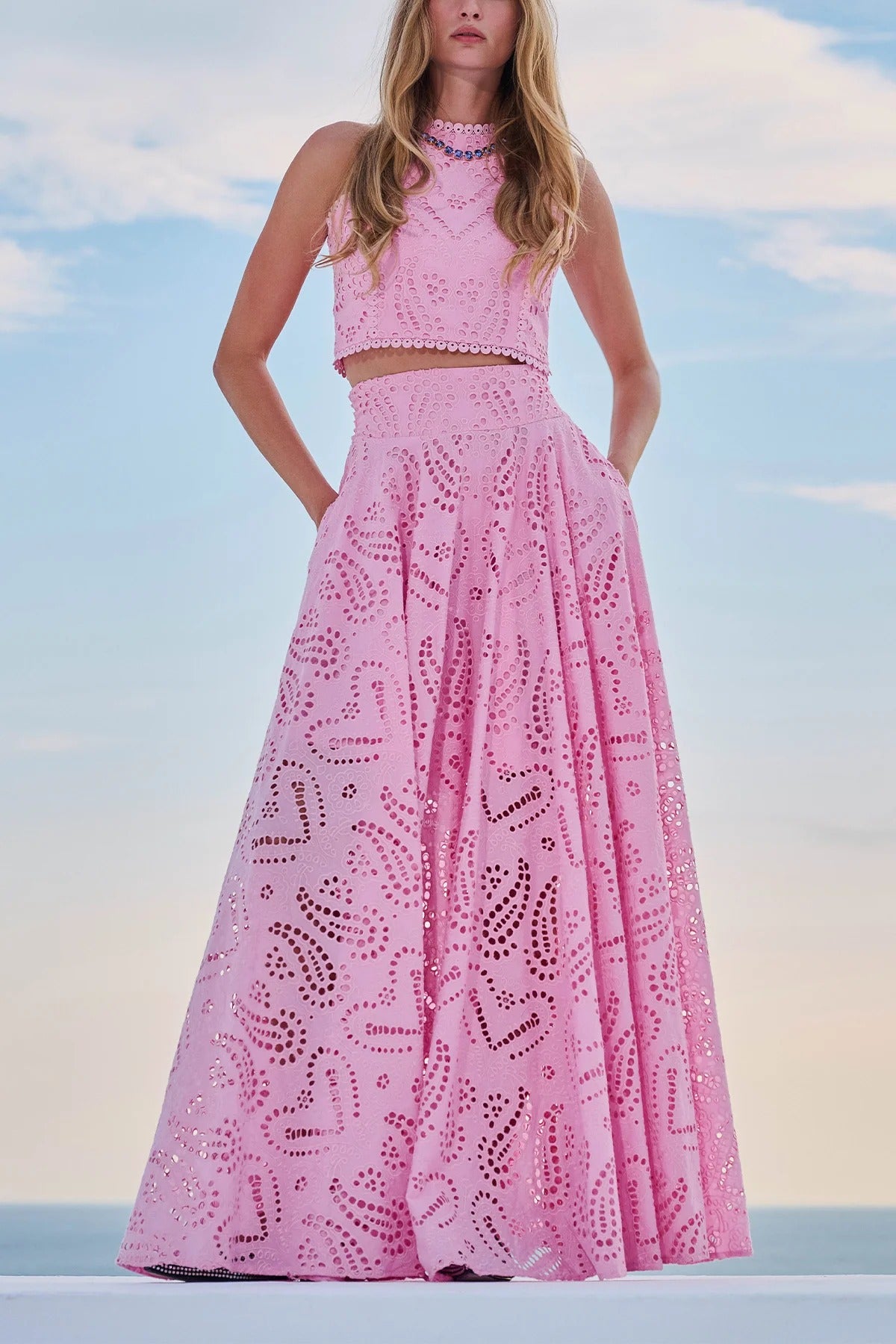 Paris Dreaming – Maxirock mit bestickter Spitze, hoher Bund, elastischer Taille und Taschen
