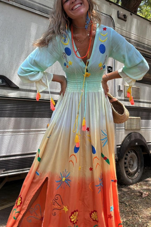 Robe longue à franges et taille élastique à imprimé dégradé Gigi