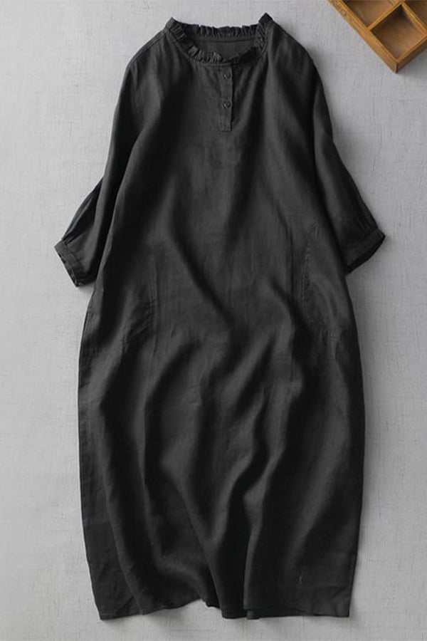 Dünnes A-Linien-Kleid mit seitlichem Pilzkragen und 3/4-Ärmeln