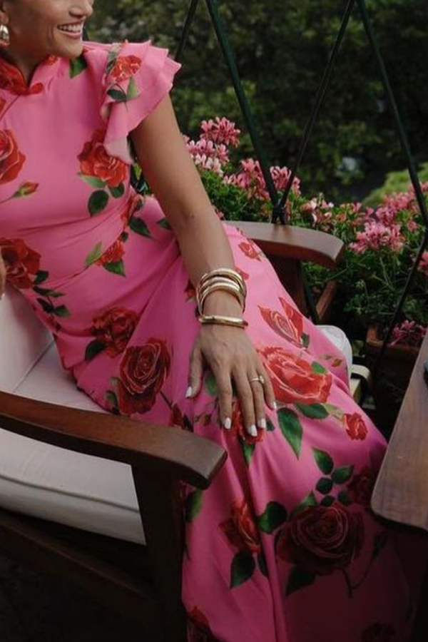 Robe longue extensible à manches évasées et à imprimé floral rose style cheongsam