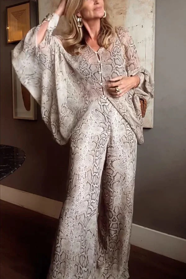 Iselle Animal Print Button Up Batwing Sleeve Shirt and Elastic Waist Wide Leg Pants Set