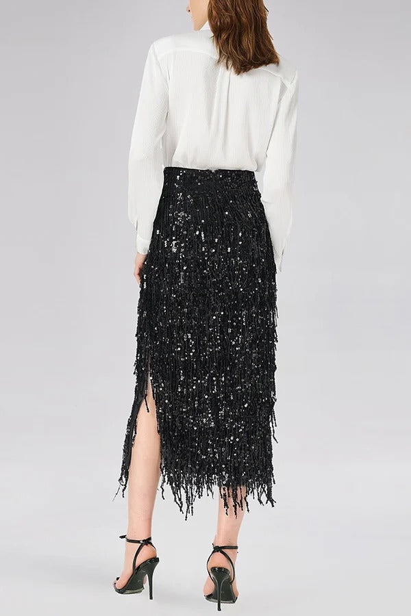 Evening Charm Layered Sequined Tassels High Rise Back Zipper Slit Midi Skirt