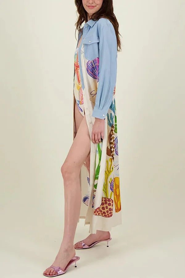 Take A Trip Marine Elements Einzigartiger Patchwork-Druck mit Taschen, langer Hemdmantel