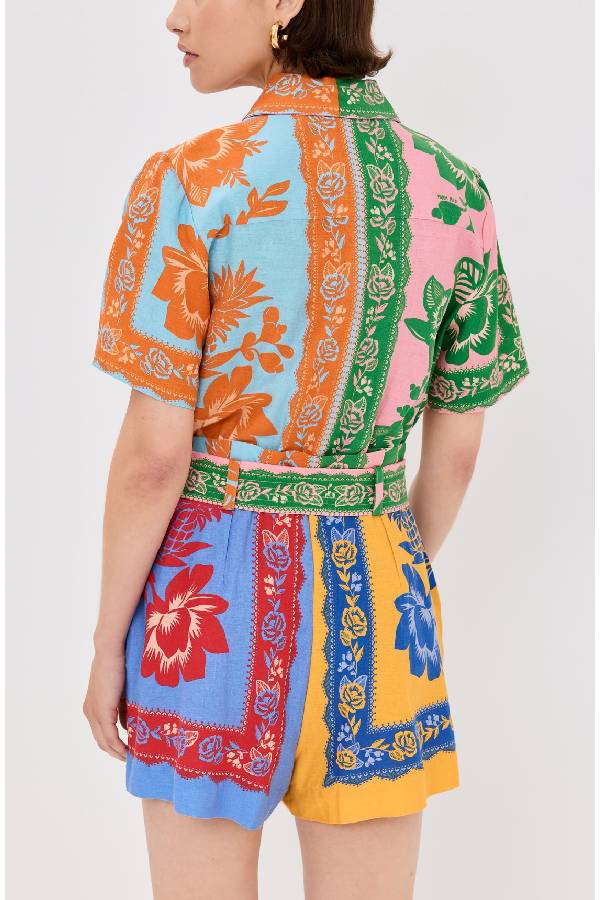 Combinaison en lin mélangé avec ceinture nouée et imprimé foulard en dentelle