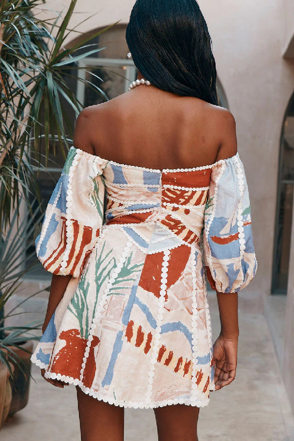 Minikleid mit Puffärmeln und Besatz aus Leinenmischung