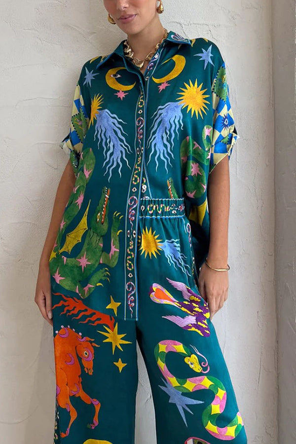 Beachy Chic Leinenmischung Einzigartiger Druck Button-Down Oversize Bluse