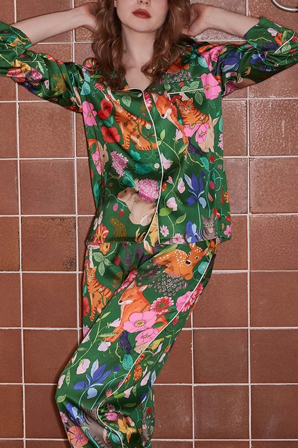 Zweiteiliges Langarm-Home-Set mit Waldgarten-Print