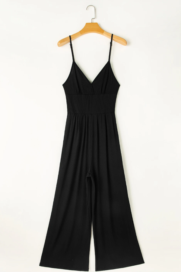 Schwarzer sexy Camisole-Jumpsuit mit V-Ausschnitt, hoher Taille und weitem Bein