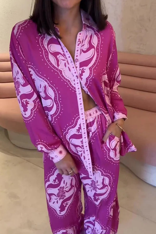 Ensemble chemise surdimensionnée à manches longues et pantalon à taille élastique à imprimé unique Elliot