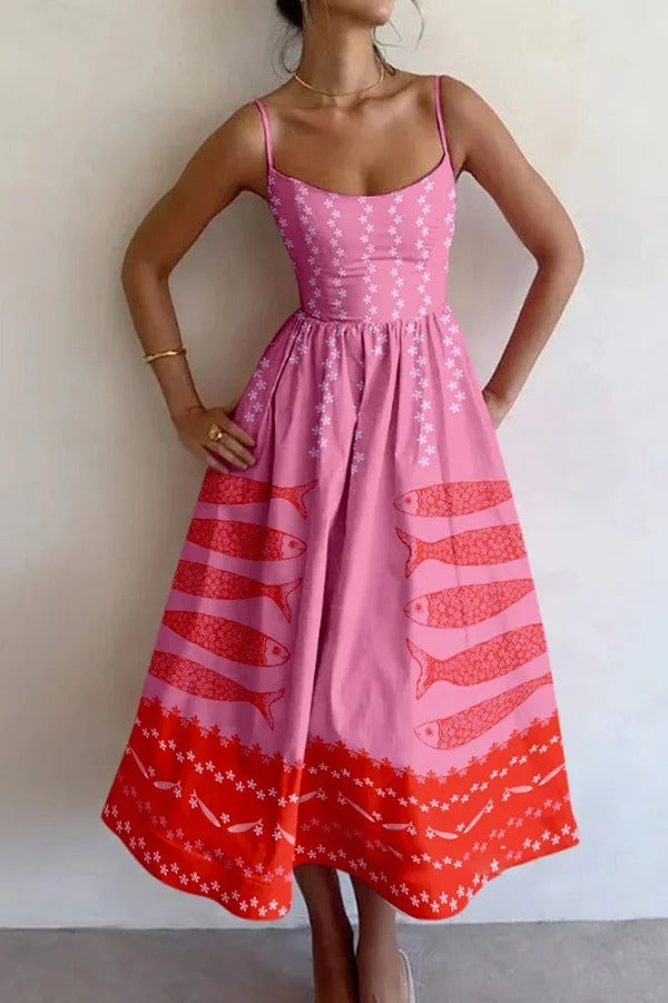 Buntes, einzigartig bedrucktes, sexy, schmales Midikleid mit Hosenträgern