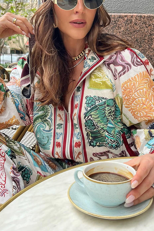 Wond A Land – Bomberjacke mit einzigartigem Druck, Reißverschlusstaschen und Ballonärmeln