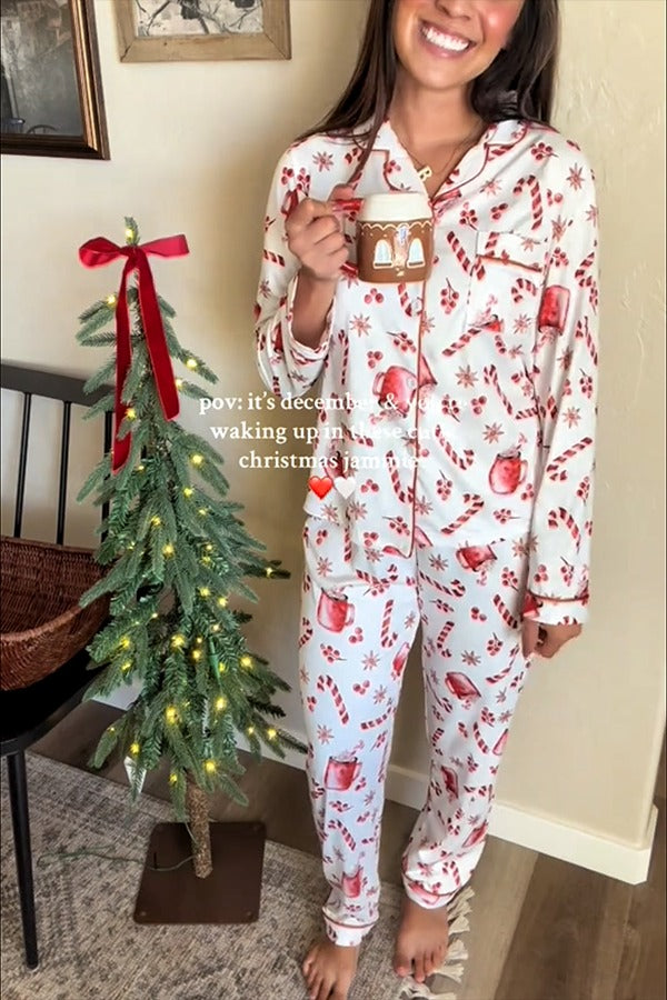 Set mit langärmligem Hemd mit Weihnachtssüßigkeiten- und Getränkeaufdruck und Hose mit elastischer Taillentasche
