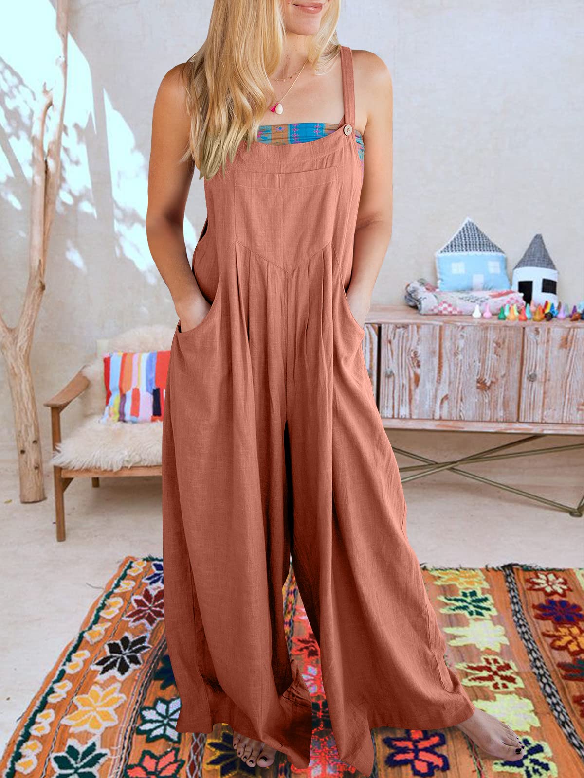 Einfarbiger, lockerer, lässiger Jumpsuit mit weitem Bein und eingesetzter Tasche