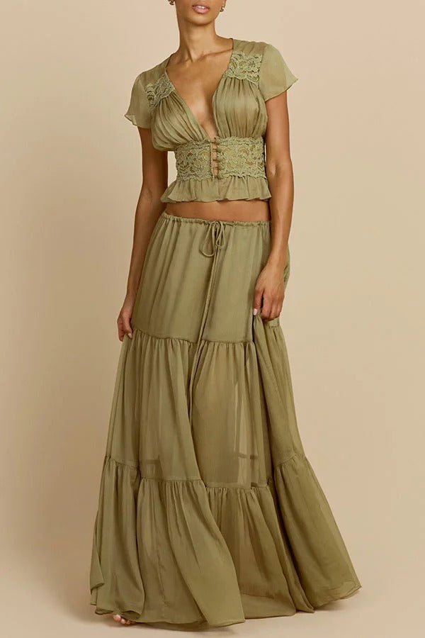 Sabrina Chiffon Mid Rise Adjustable Waist Tiered Silhouette Maxi Skirt