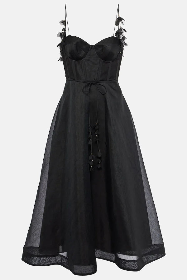 Explore Elegance – Midikleid aus Leinenmischung mit Applikationen, herzförmigem Ausschnitt und gesmoktem Rücken