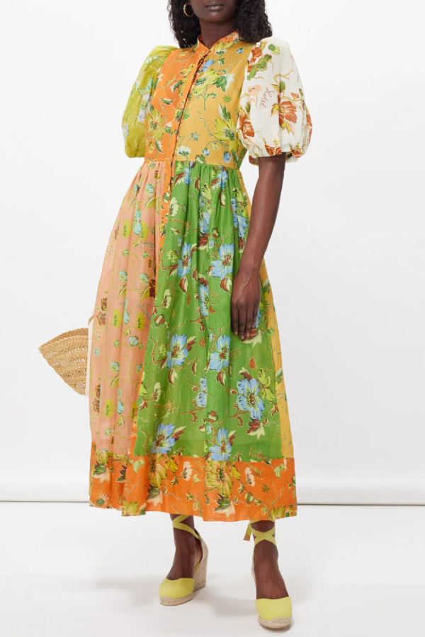 Midikleid aus Baumwolle und Leinen mit Blumendruck und Puffärmeln