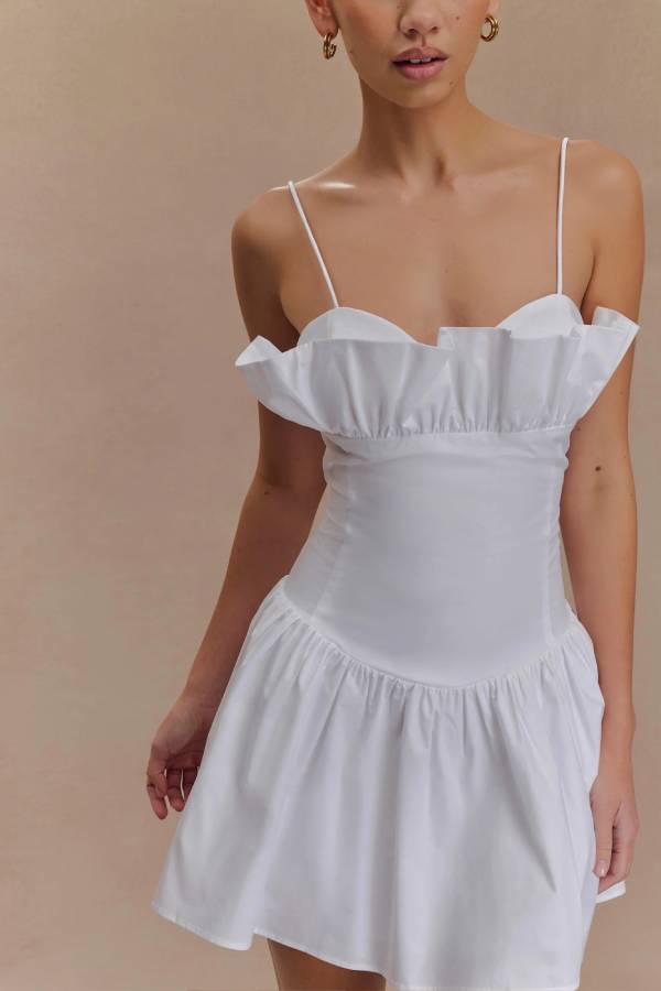 White Moonlight Suspender Ruffle Waist Dress