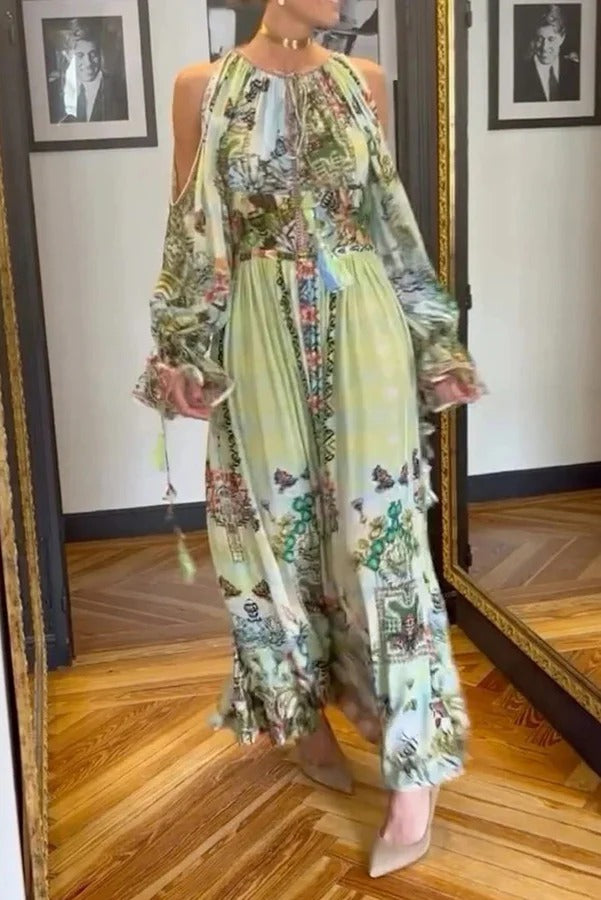 Like Poetry Like Scenery – Maxikleid mit einzigartigem Print, Schlitz und Laternenärmeln sowie Quasten