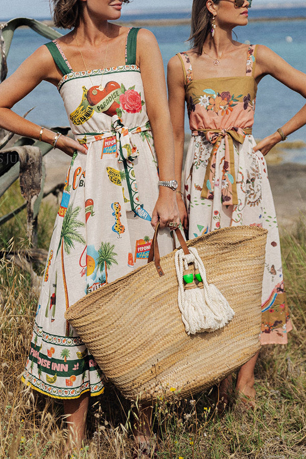 Summer Vibes – Midikleid aus Leinenmischung mit einzigartigem Print und gesmoktem Gürtel