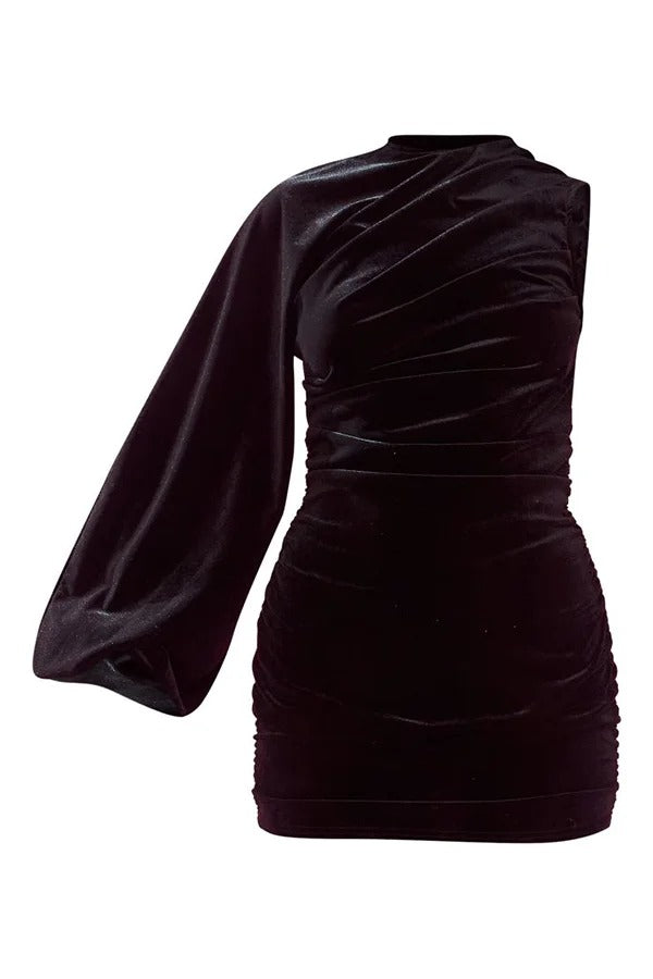 Party-Outfit – Samt – Einschultriges, figurbetontes Stretch-Minikleid mit gerüschtem Detail