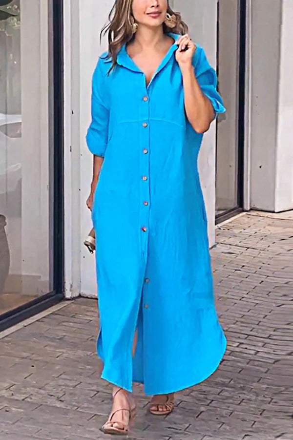 Einfarbiges Maxikleid aus Leinenmischung mit langen Ärmeln und geknöpften, weiten Taschen