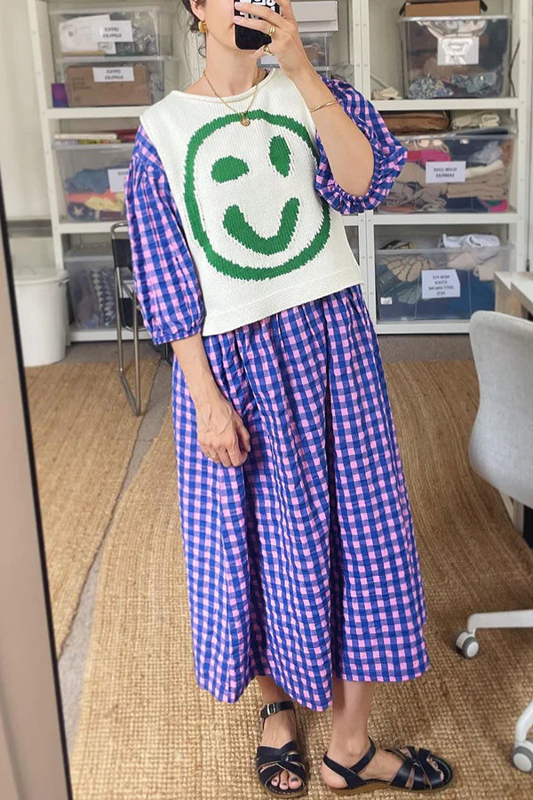 Always Happy Face Strick-Tanktop mit einzigartigem Muster, vielseitig und locker